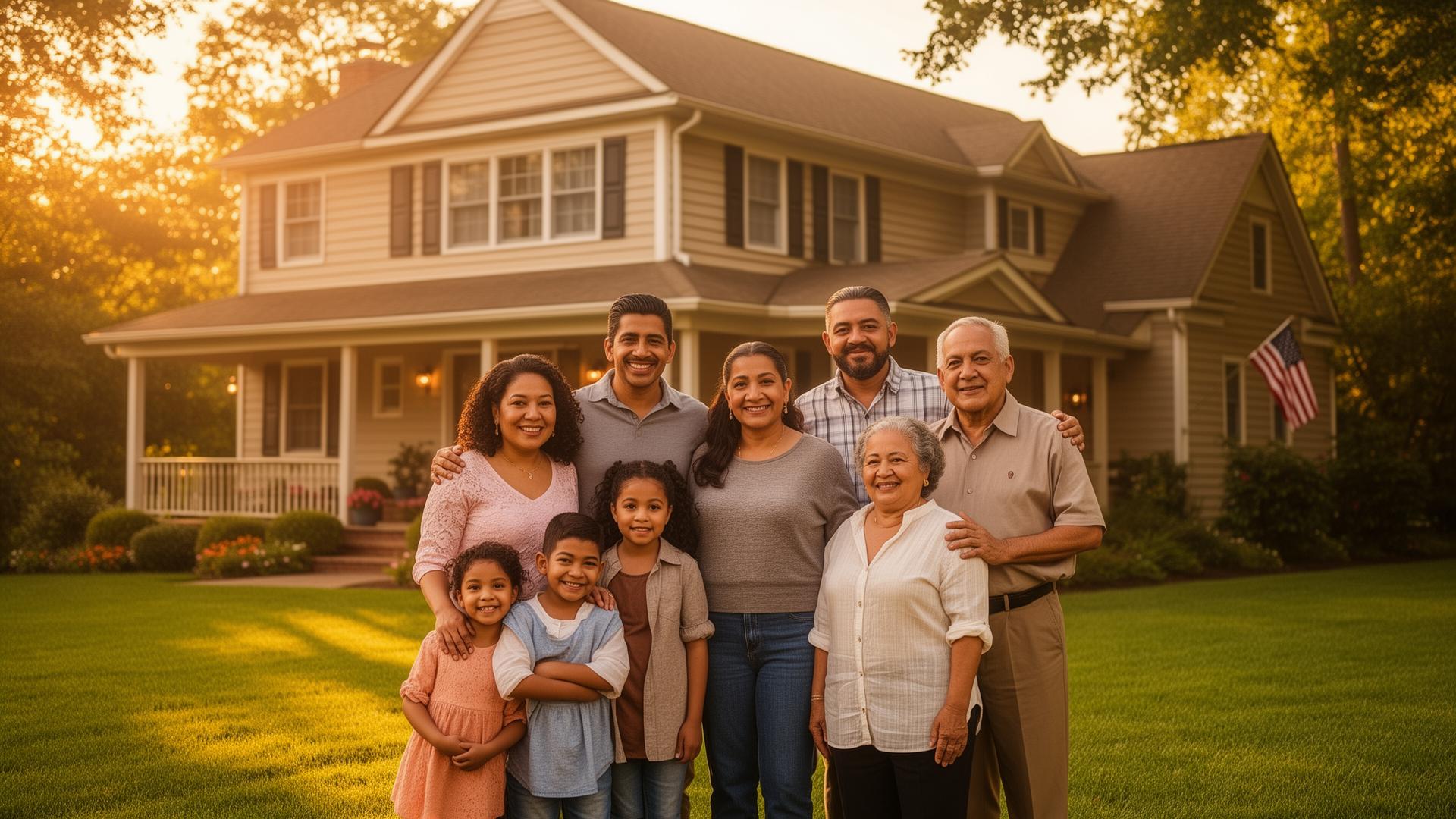 Multi-generational Latino family in front of their Pennsylvania home